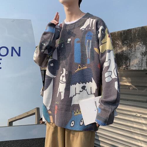 Mens Sweaters 2021 Funny Printed Korean Autumn Casual o Neck Knitted Tops Streetwear Man Loose Sweater Clothing