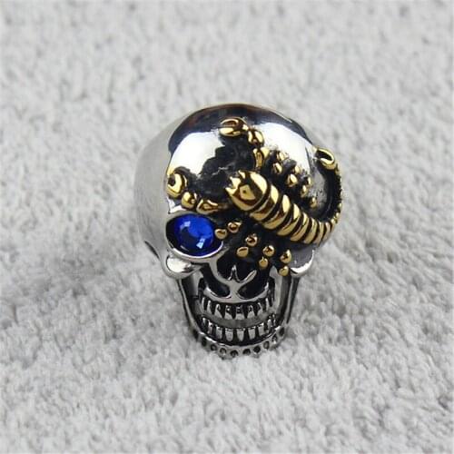 New Mens Blue CZ eyes Gold Scorpion Silver color Skull Stainless Steel Biker Ring Size 8,9,10,11,12,13