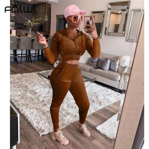 FQLWL Streetwear Velvet 2 Two Piece Set Tracksuit Women Outfit Long Sleeve Zipper Crop Top Pocket Pants Suits Blue Matching Sets