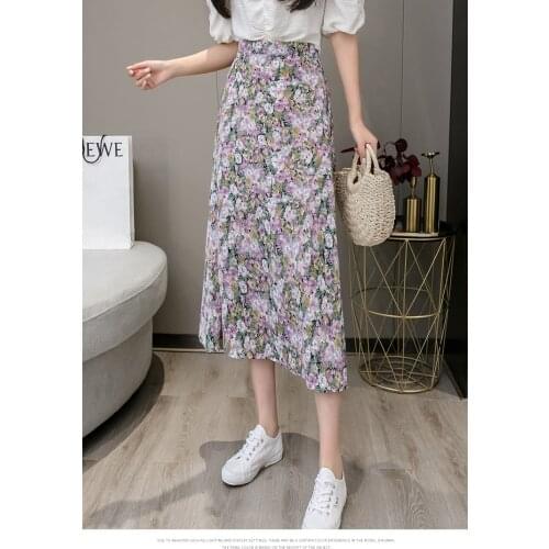 2021Fashion High Waist Elastic waist Chiffon Skirt Women Flower Print Skirt Womens Summer Womens Floral Skirt
