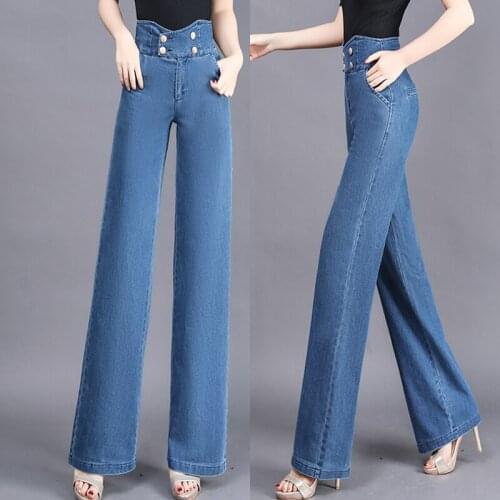Spring Fall Womens High Waist Double Breasted Buttons Wide Leg Denim Trousers , 2019 Xxl Korea Loose Jeans Pants For Woman