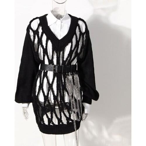 SeeBeautiful Large Size Long Knitted Sweater V-neck Hollow Out Lantern Sleeve Tide New Fashion Spring 2021 Women M014