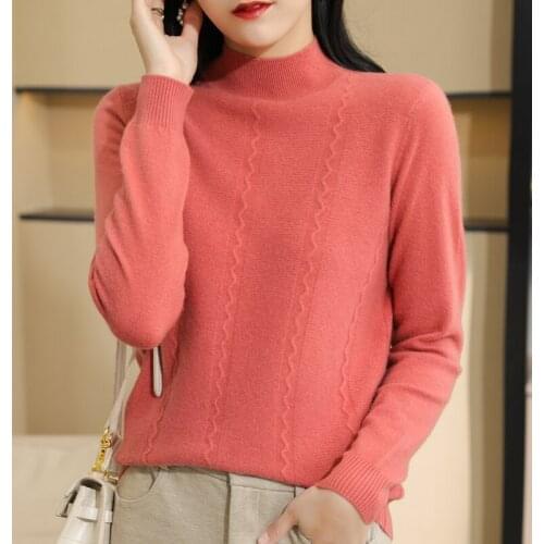 21 Autumn Winter New Half High Neck Womens Pullover Sweater Loose Soft Screw Thread 100% Pure Wool Knitted Bottoming Shirt Top