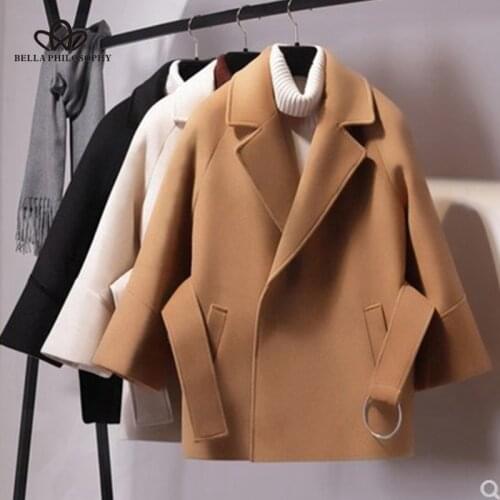 Bella Philosophy Women Coats Casual Short Solid Cloak Outerwear Three Quarter Turn-down Collar Student Belt Pockets Thick