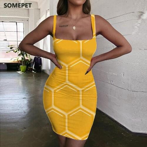 SOMEPET Honeycomb Dresses Women Yellow Bodycon Dress Pattern 3d Print Painting Halter Sleeveless Womens Clothing Plus Size New