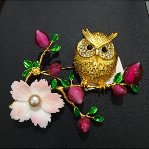 Gold color night owl on a flower branch brooch natural shell flower copper with coloured glaze brooch multi color fashion jewel