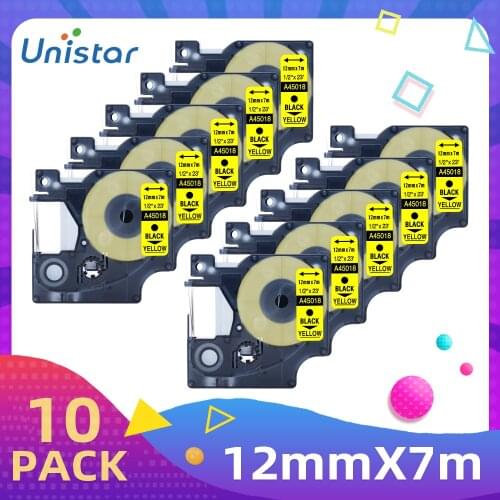 Unistar 10Pack A45018 Black on Yellow Tapes Compatible for DYMO Label Printer LabelManager 210D for D1 Label Tape Refill A43618