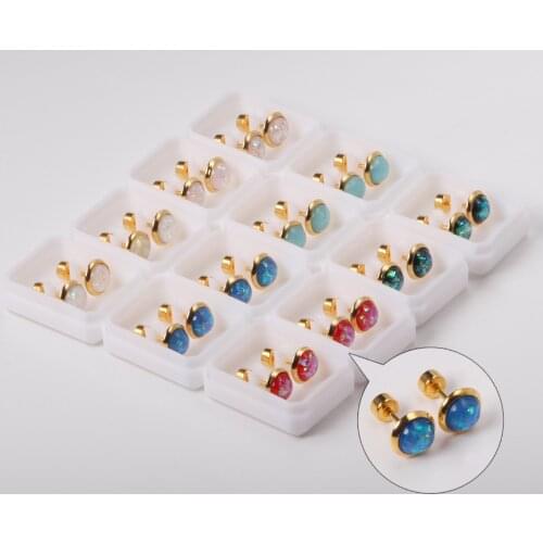 12 Pairs/lot 316L Stainless Steel Colorful Stone Stud Earrings Gold/Silver Color Round Earring for Women Party Gift Jewelry