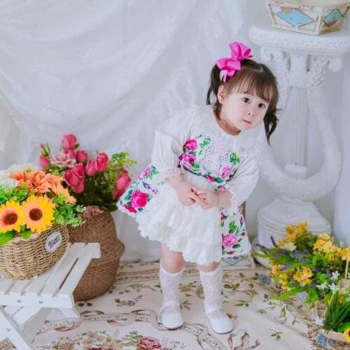 2PCS Spring Summer Lolita Flowers Spanish Birthday Party Princess Ball Gown Turke Lace Long Sleeves Dress For Cute Bady Girls