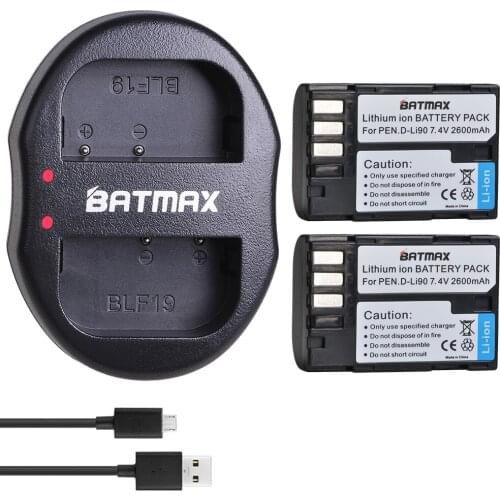 Batmax 2pcs 2600mAh D-LI90 DLI90 Digital Battery +USB Dual Charger For PENTAX K-7 K-7D K-5 K-5 II 645D K01 K-3 K-3 II 645Z L15