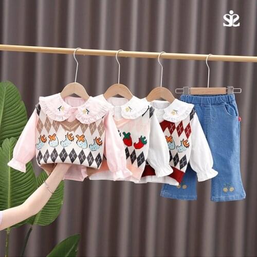 Children Fashion Baby Girl Causal Sweater Fruits Vest Shirt Pants Jeans 3Pcs/Set Kids Infant Princess Clothing Toddler Tracksuit