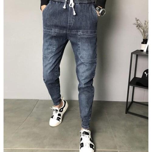 Fashion Vintage Washed Harem Jeans Slim Fit Stretch Patchwork Pockets Denim Pants Joggers Cuffed Jean Trousers For Male