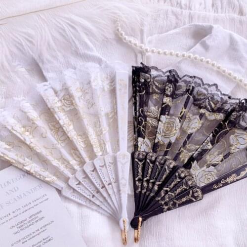 Elegant Vintage Retro Flower Rose Lace Handheld Chinese Folding Fan for Dancing Ball Parties Ladies Black /White