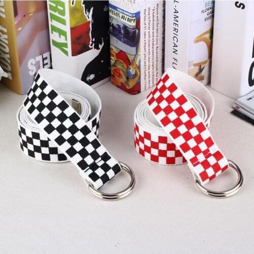 Nylon Canvas Belt Women Student Belt Fashion All-Match Trousers Adjustable Double Ring Buckle Plaid Printed Jeans Belt 3.8*130Cm