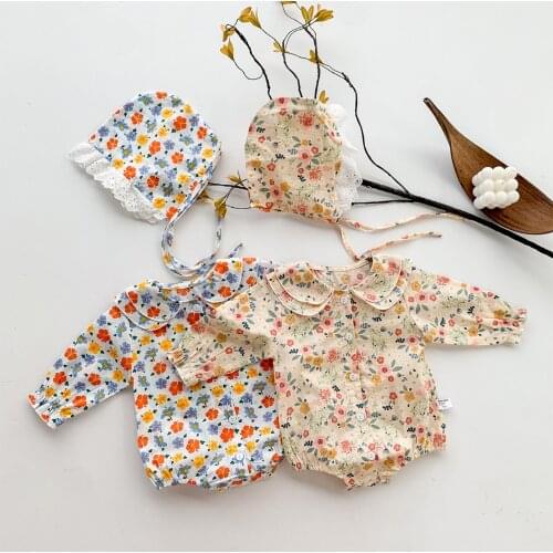 2Pcs Baby Girls Fall Outfits, Long Sleeves Button Down Floral Print Romper with Hat Set