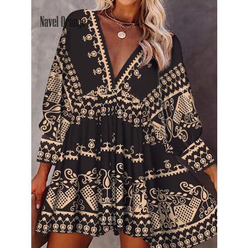 New Vintage Women Deep V-Neck Full Sleeve Mini Dress Summer Geometric Lace Sweet Style Ladies Dress Elegant Female Dress Vestido
