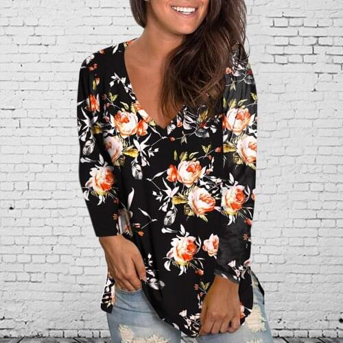 Casual Floral Print Long Sleeve Top T-Shirt Womens V-Neck Casual Loose Tunic T Shirt Pullover 2021autumn And Winter New Tees