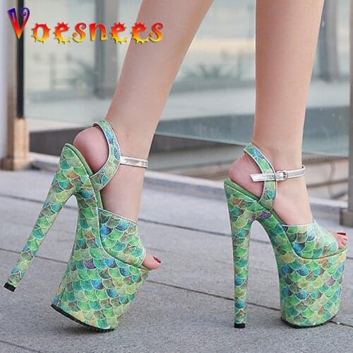 Summer New Color Gingham Sandals Buckle Strap Walk Show Women Shoes Super High Heel Pole Dance Sandals Sexy Platform Party Shoes