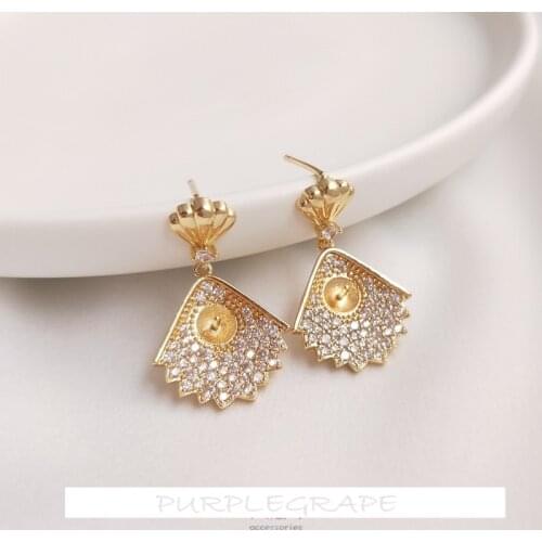 Customized color-preserving 14K gold micro-inlaid zircon fan-shaped pearl earrings 925 silver needle diy shell-shaped earrings