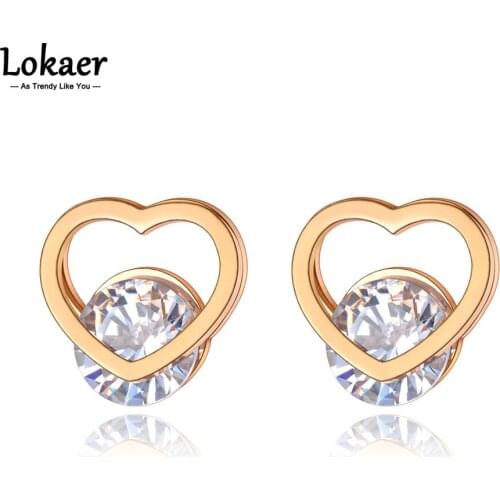 Lokaer Trendy Rose Gold Stainless Steel Love Heart Wedding Earrings For Women Original Design CZ Crystal Party Jewelry E21120
