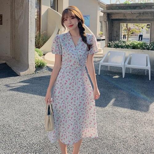 Floral Print V-neck Women Dress Summer Lace Up High Waist A-line Chiffon Long Dresses Female Elegant Puff Sleeve Vestidos