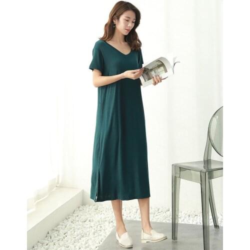 Spring Summer New Modal Short Sleeve Womens Nightgown V-neck Dress & Nightdress Split Skirt with Hollow Back Nightwear Homewear