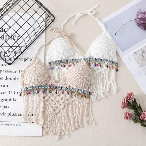 Women Tassel Sexy tanks tops Bikinis Knitted Crochet Swimming camis Women Swimwear bead work crop tops Beachwear padded camis