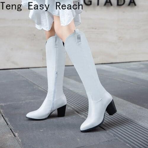 2021 Autumn Woman Boots Knee-High Chelsea Boots High Heels Pointed End PU Leather Square Heel Casual Party Zapatos Mujer