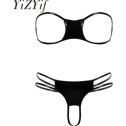 Women Strapless Open Cups Bra Top with G-string Thongs Wet Look Patent Leather Mini Bikini Lingerie Set Nightwear Exotic Clothes