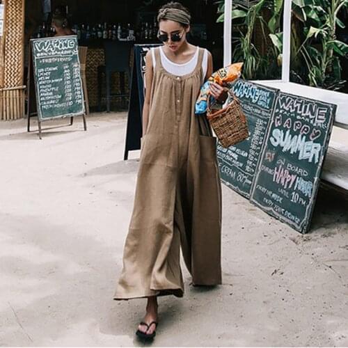 Johnature New 2021 Cotton Linen Korean Casual Large Size Loose Sleeveless Long Jumpsuits Summer Women Clothes Joker Playsuits