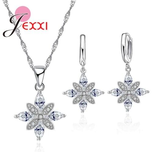 Hot Boucle D'oreille Femme 925 Sterling Silver Bridal Wedding Jewelry Set Flower Pendants Necklace Earring Women Bright Crystal