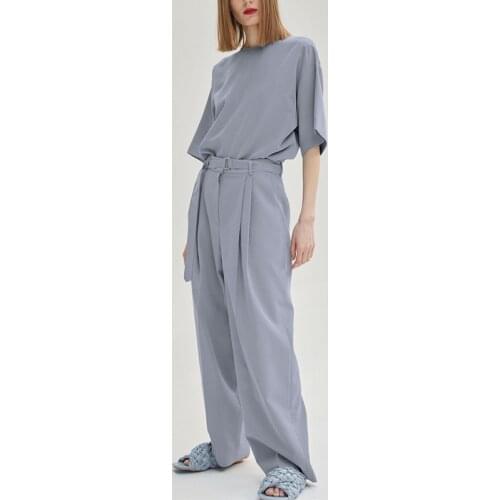 Solid Loose Women Wide Leg Pants 2 Pieces Set Summer Casual Half Sleeve O-neck Tops + Sashes Pleated Straight Trousers 2021 New