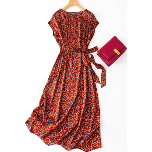 Womens 92% Silk 8% Spandex luxury Fashion Heavy Round neck Long Dress Elegant Artistic irregular geometry Prints One Size L1113