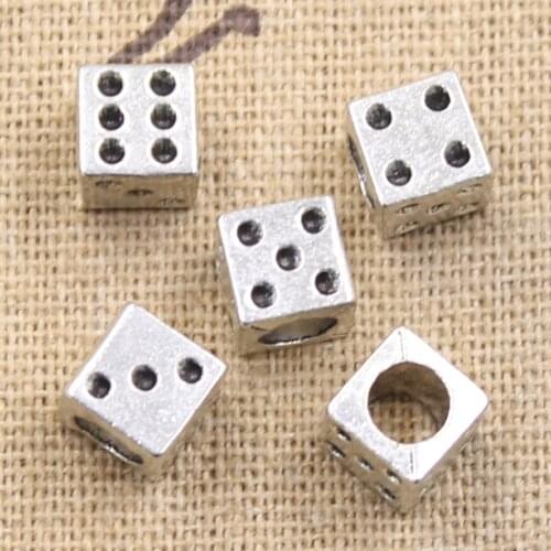20pcs 7x7x7mm Casino Lucky Dice 4.5mm Big Hole Antique Silver Color Beads Charms Fits Diy Charms Bracelet Jewelry Beads