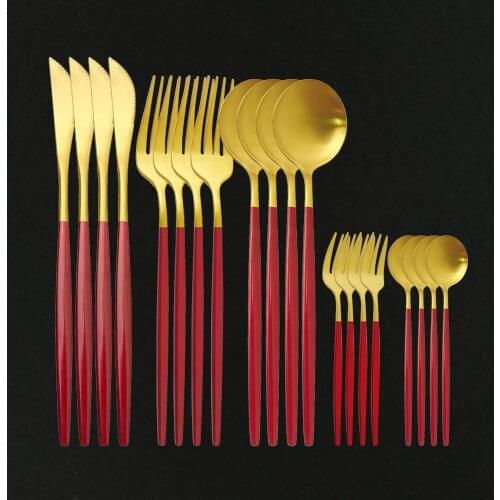 20PCS Luxury Flatware Set Gold Red Matte Handle Stainless Steel Dinner Knife Cakefork Teaspoon Food Silverware Dinnerware Set
