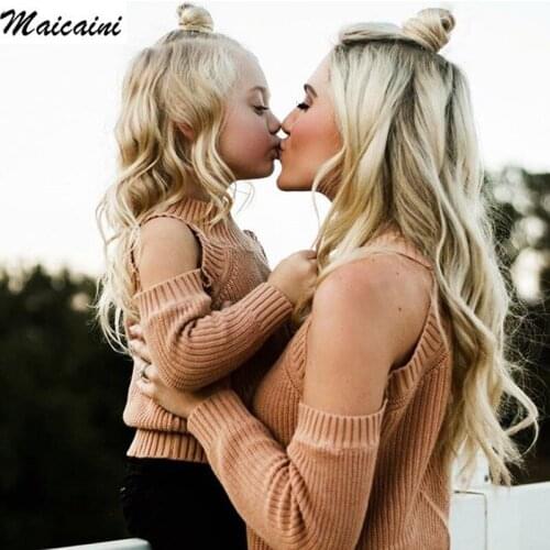 2020 Mom Daughter Dress Sweater Off Shoulder Long Sleeve Kintwear Outfits Family Matching Mother and Me GirlsClothes Outfits