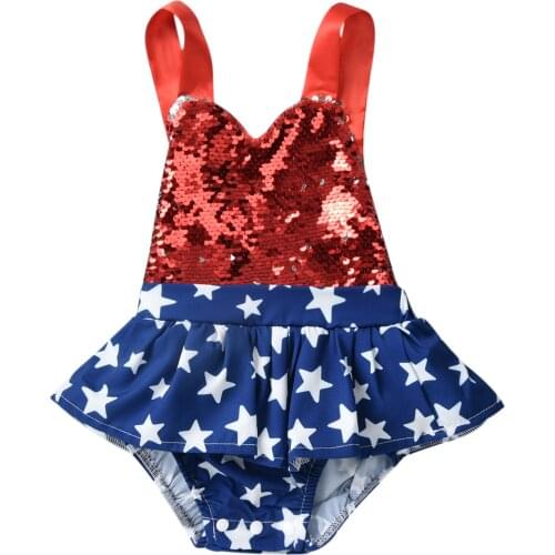 2021New Independence Days Baby Girls Bodysuit Romper Dress Star Sequined Patchwork Sleeveless Belt Jumpsuits 0-12M