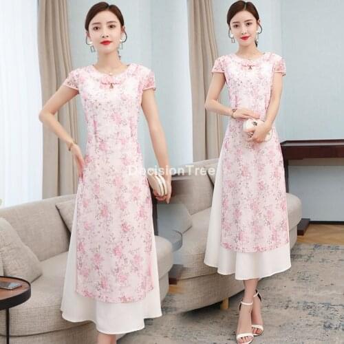2021 ao dai vietnam traditional clothing dress for women chinese qipao cheongsam vintage oriental elegant lace patchwork dress