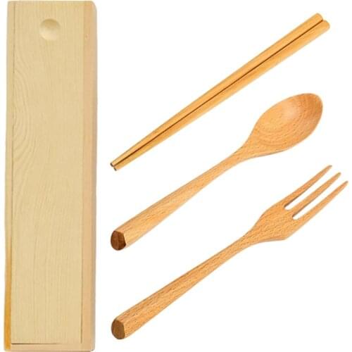 3-Piece Wooden Chopsticks Spoon Fork Set New For Picnic Japanese Style