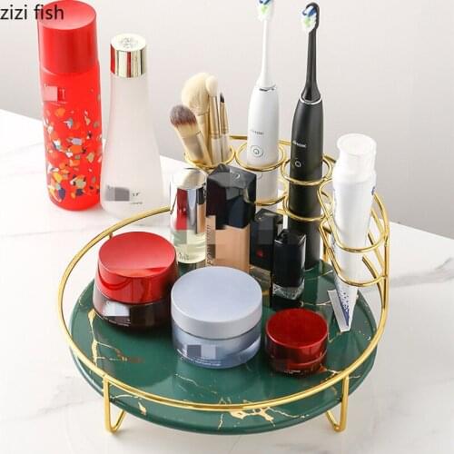 Bathroom Accessories Finishing Rack Bathroom Shelf Dressing Table Cosmetic Round Storage Rack Metal Marbling Storage Tray