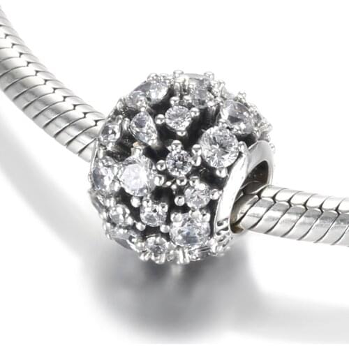 Authentic S925 Silver Bead DIY Jewelry Sparkling Round Pave CZ Charm fit Lady Bracelet Bangle