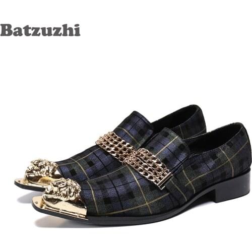 Batzuzhi Fashion Men Dress Shoes Leather Black Pointed Metal Toe Formal Leather Dress Shoes Men Zapatos Hombre Business/Party