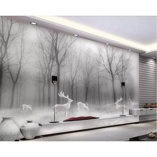 Beibehang Custom wallpaper high-end Nordic forest elk abstract woods black and white landscape TV decorative background wall