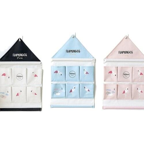 Flamingo 6 Pockets Wall Hanging Storage Bags Cotton Linen Door Organizer Waterproof Pouch Bedroom Home Wall Decoration
