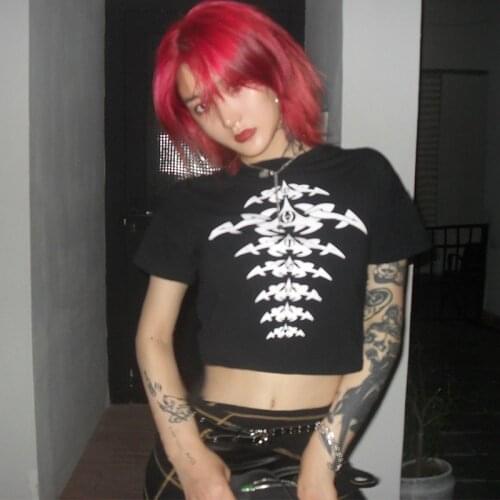 Punk style girl T-shirt vintage Harajuku y2k aesthetic graphic printing sexy O-neck top streetwear summer gothic women T-shirt