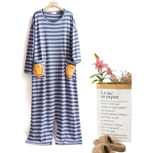 One Size Striped Cotton Pajamas Spring Autumn Long Sleeve Nightdress Long Style Loose Lovely Comfortable Home Clothes