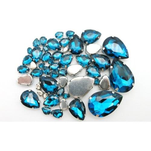 Bule zircon crystal strass mix teardrop shape 7 sizes silver claw flatback sew on rhinestone wedding dress bags shoes decoration