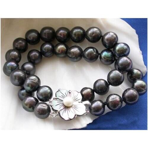 Classical Genuine Pearl Jewelry 2 Rows Huge 10-12mm Black Color Round Freshwater Cultured Pearl Bracelet Shell Flower Clasp