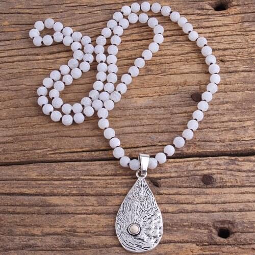 RH Fashion Bohemian Jewelry Accessory 8mm Beige Stones Knotted Metal Dorp Pendant Necklaces For Women Boho Necklace Dropship