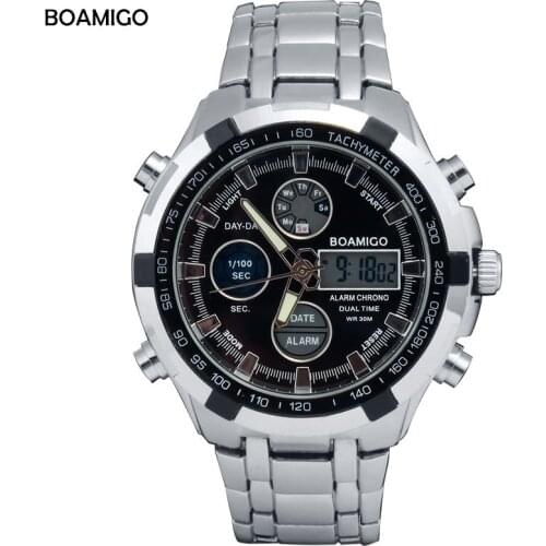 Mens Sports and Leisure Double Display Watch Stainless Steel Strap Waterproof Quartz Electronic Gift Watch
